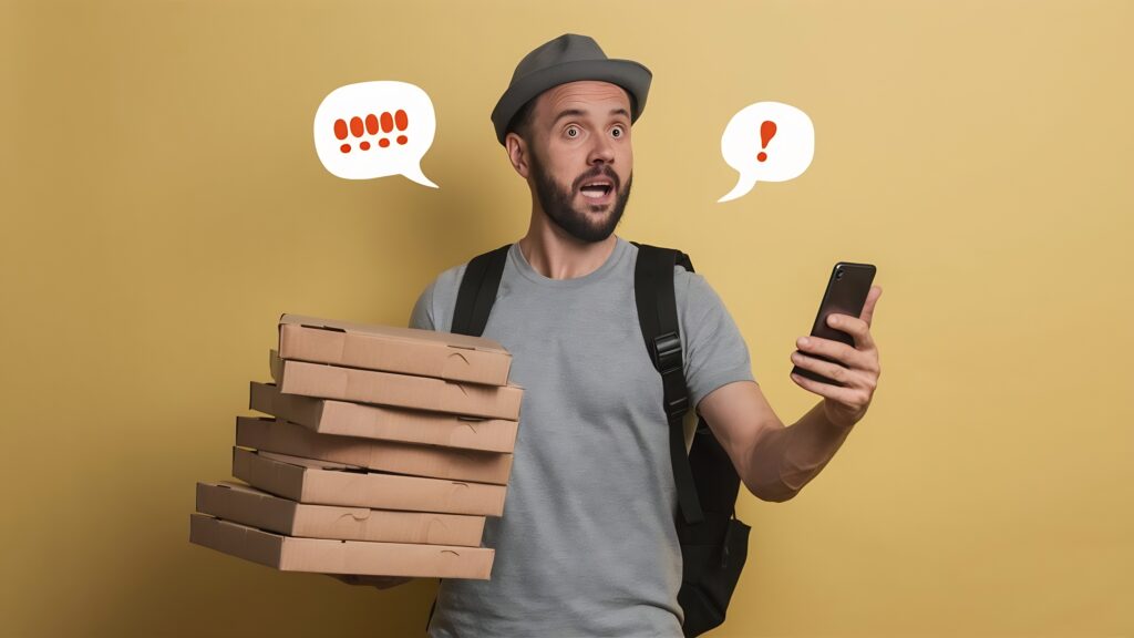 Why Bad Delivery Experiences Are Remembered amazed deliveryman receives orders from customers via smartphone holds pile cardboard pizza box