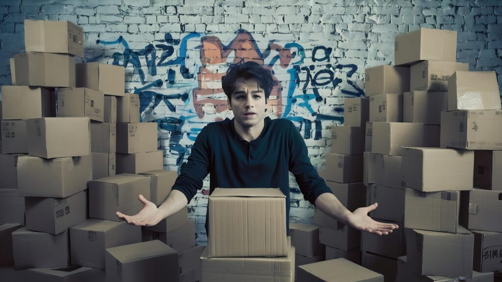 How Delivery Discipline Builds Powerful Brands confused young man looking piles cardboard boxes against white brick wall
