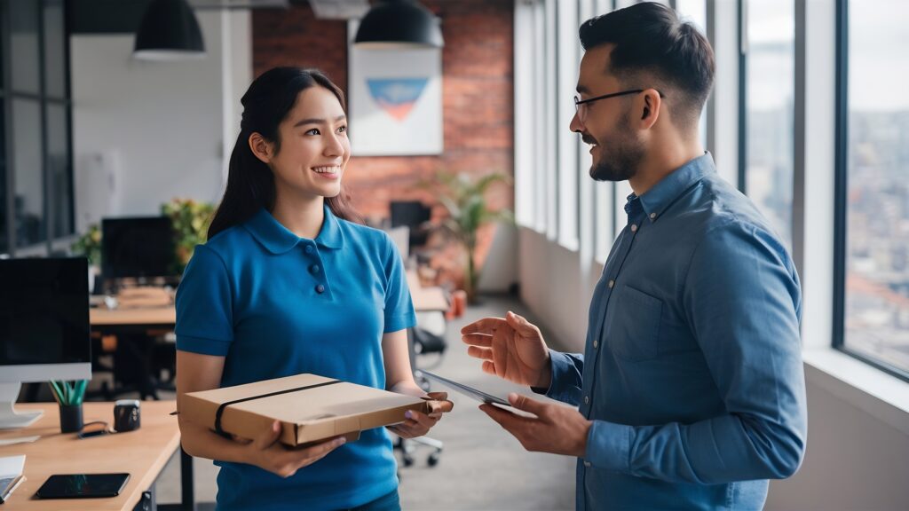 happy delivery woman communicating with entrepreneur while delivering him package office